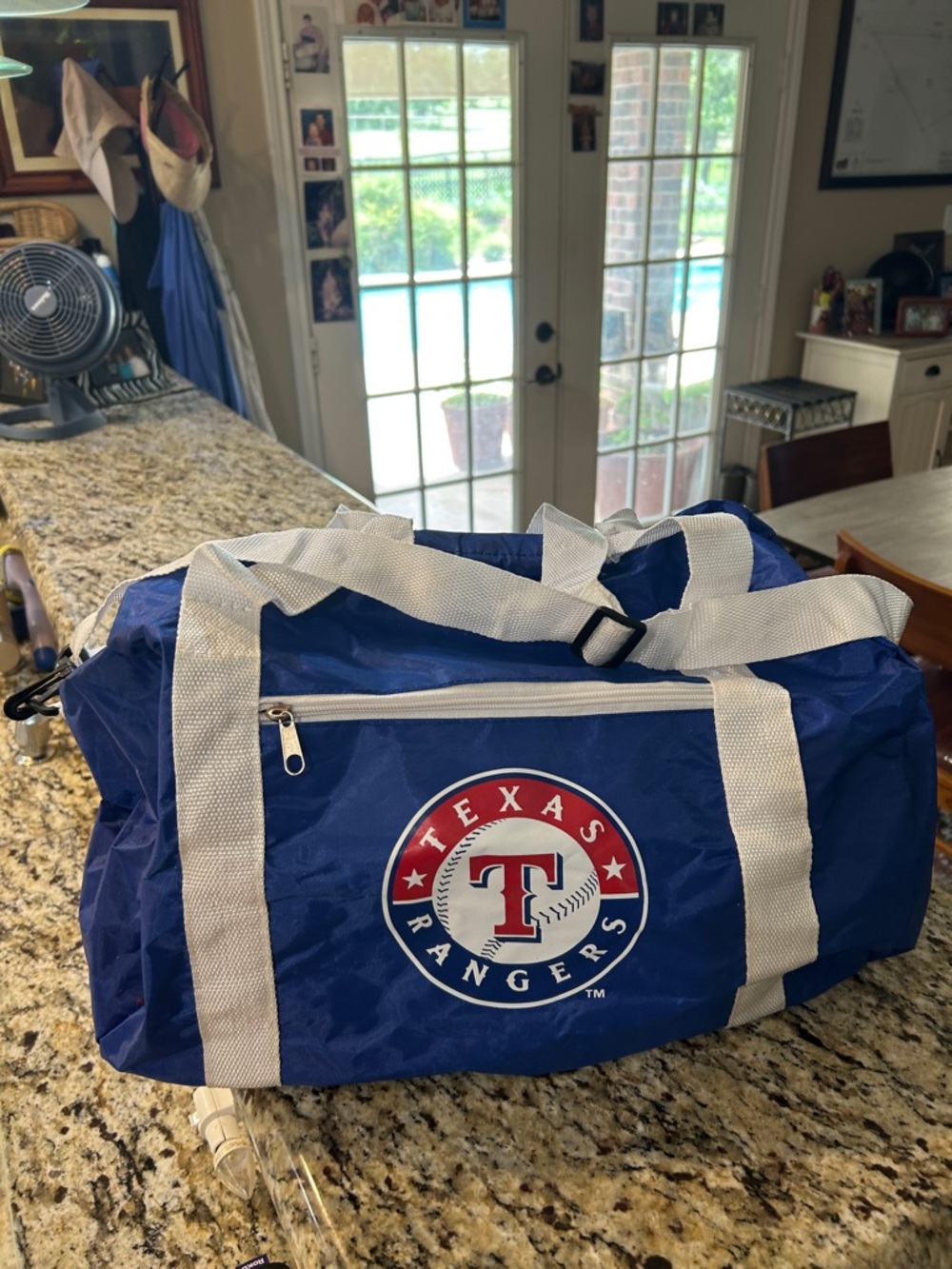 Texas Rangers Blue Duffel Bag with White Straps